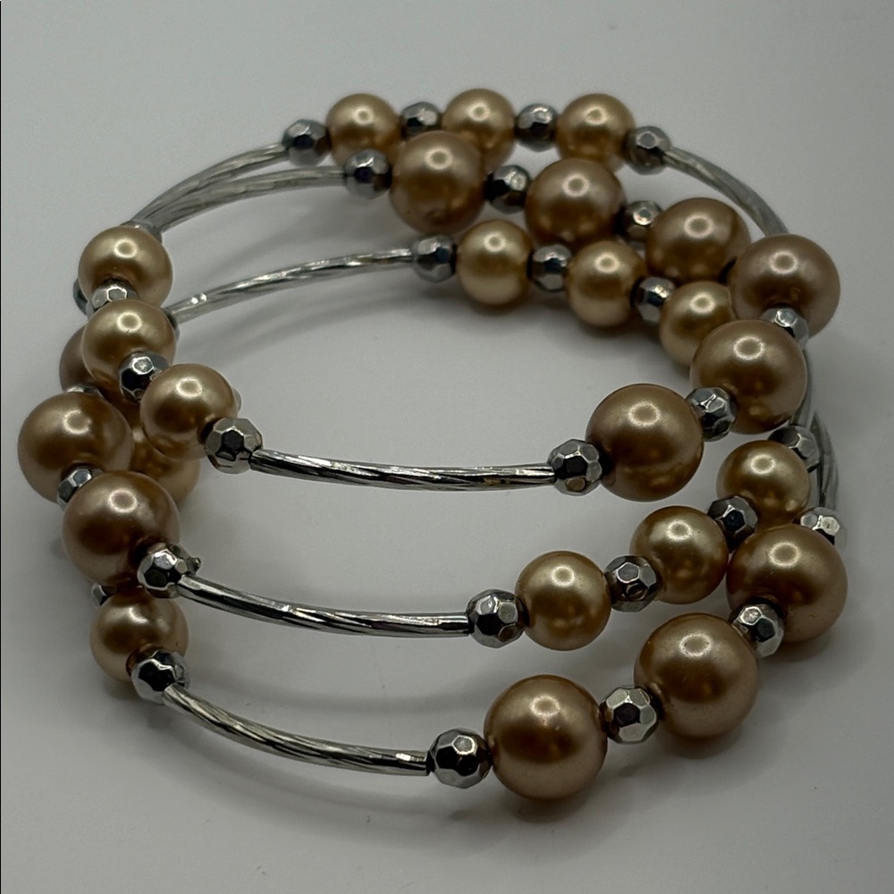 Champagne Pearl Coil Bracelet 3 layer silver Tube